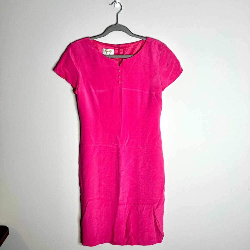Vtg Talbots Pure Silk Barbie Pink Modest Retro Sheath Dress Cap Sleeve Sz 4